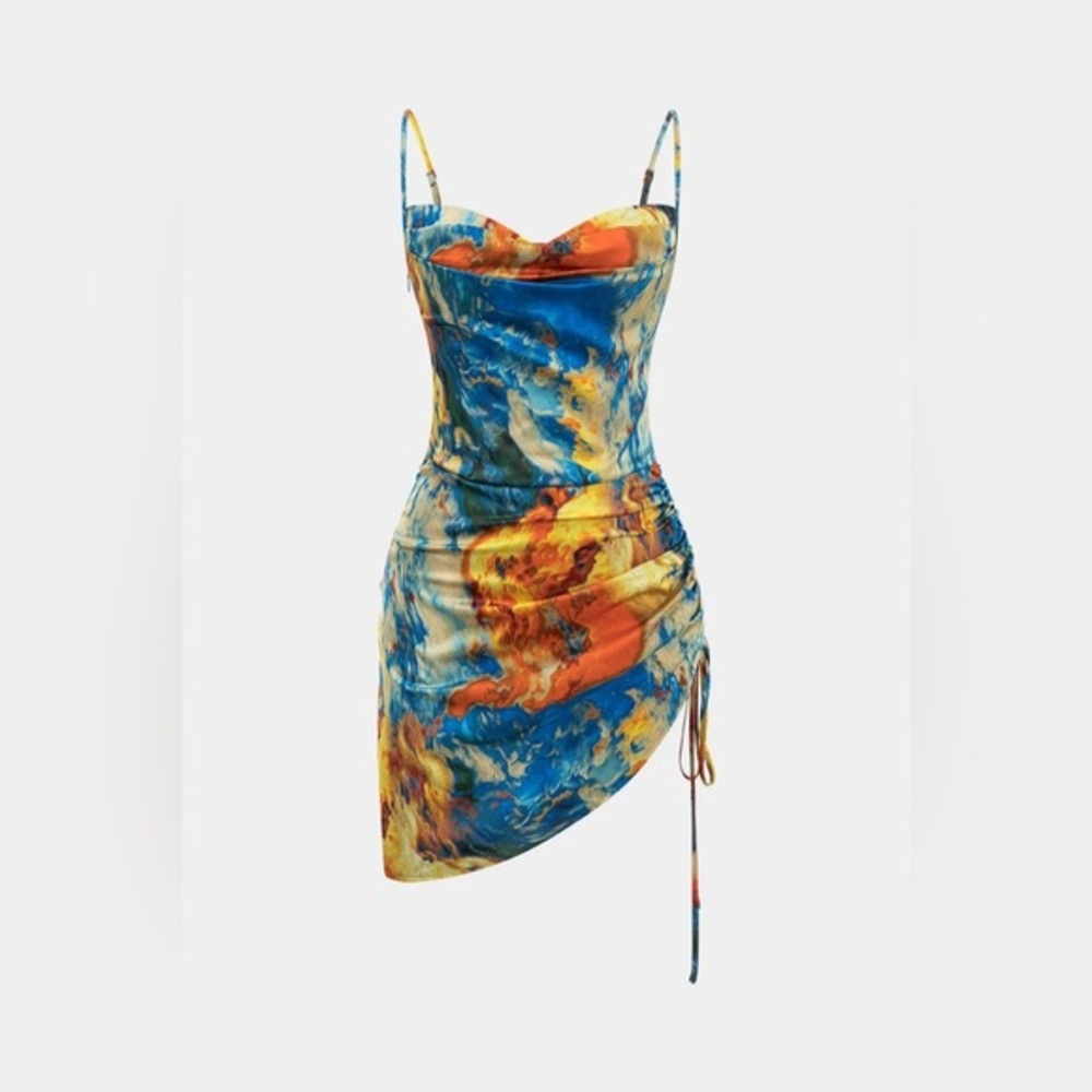 Micas Watercolor Print Satin Ruched Drawstring Slip Mini Dress L MA3-9
